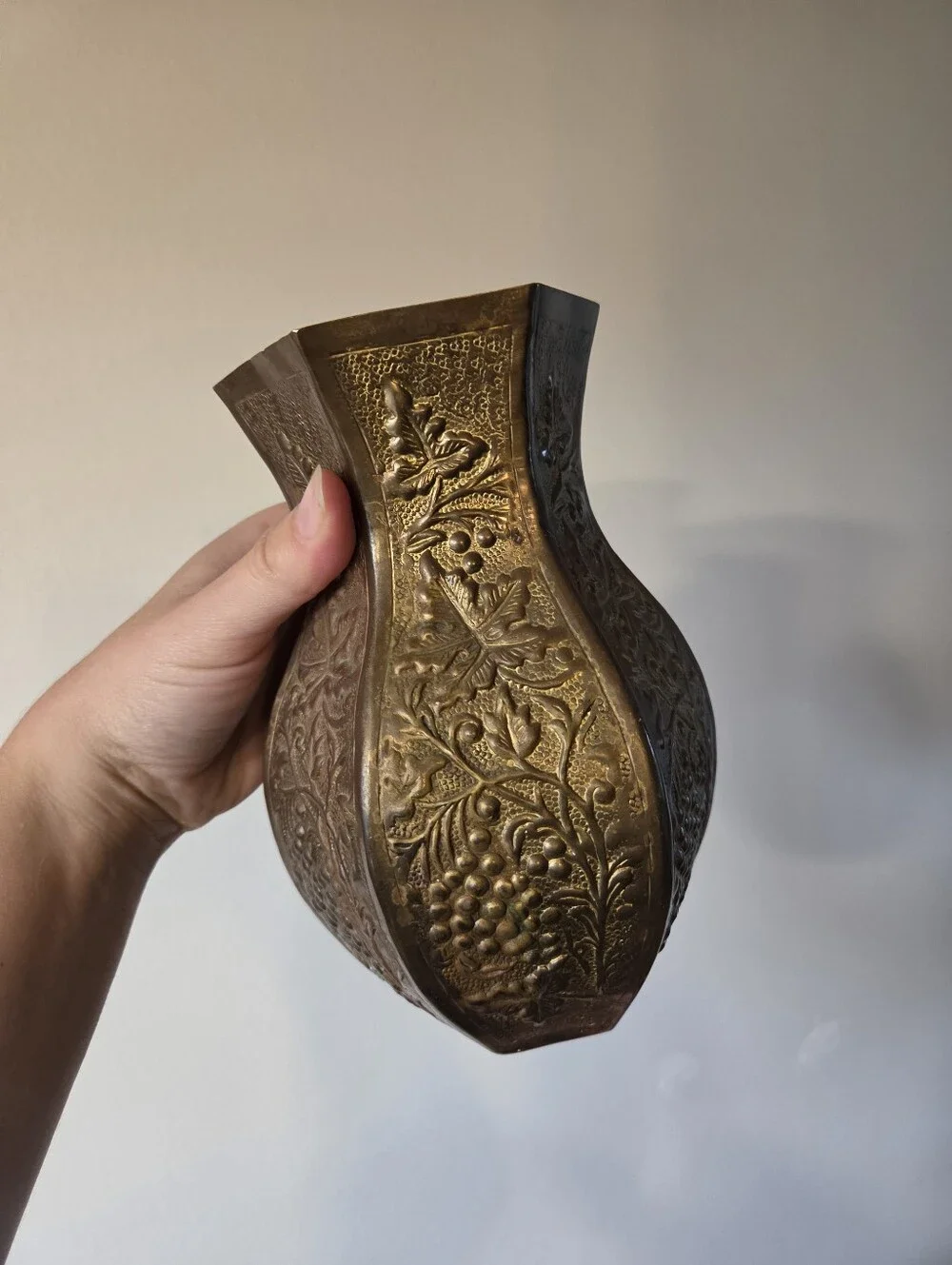 Vintage Etched Brass Vase Hexagon Shape Grapevine Embossed Heavy Metal Home Deco